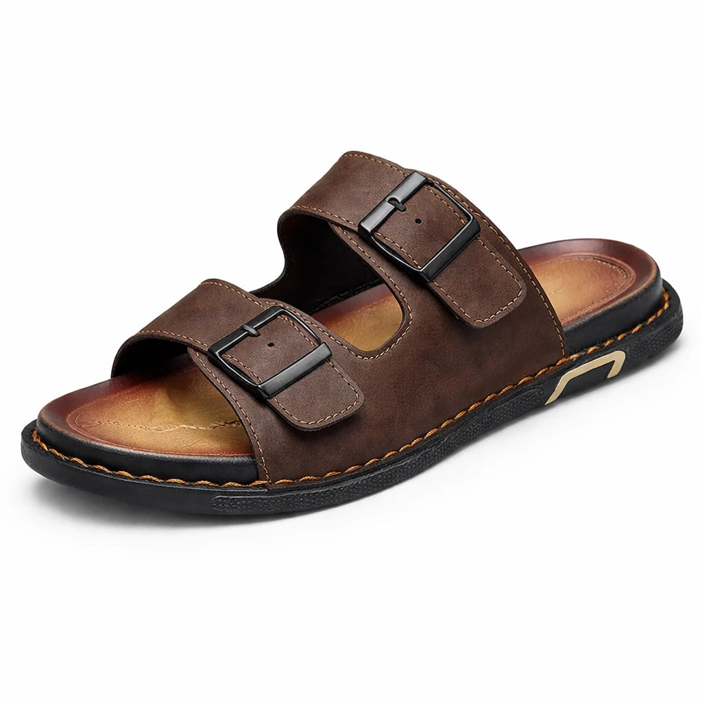 Sandália Papete Masculina em Couro Baron Double-Buckle Marrom