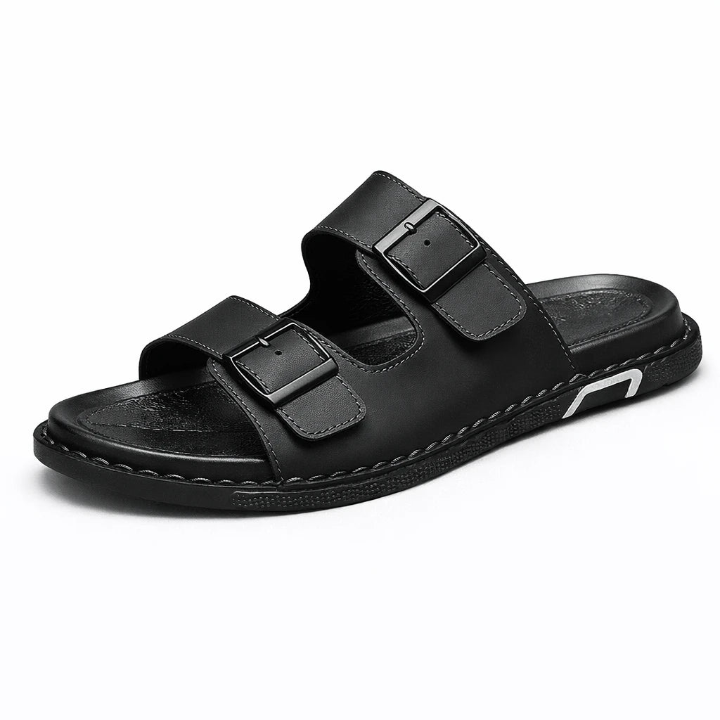 Sandália Papete Masculina em Couro Baron Double-Buckle Preta